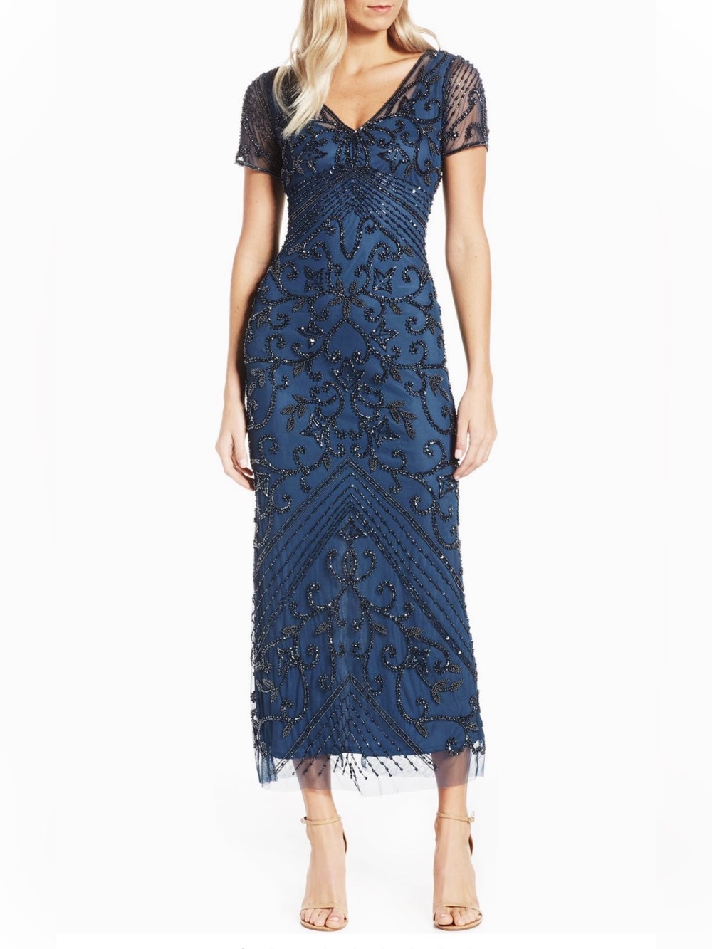 Pisarro nights Beaded Mesh Column Gown Nwot